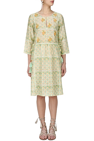 Green and Orange Floral Print Knee Length Dress by Niki Mahajan