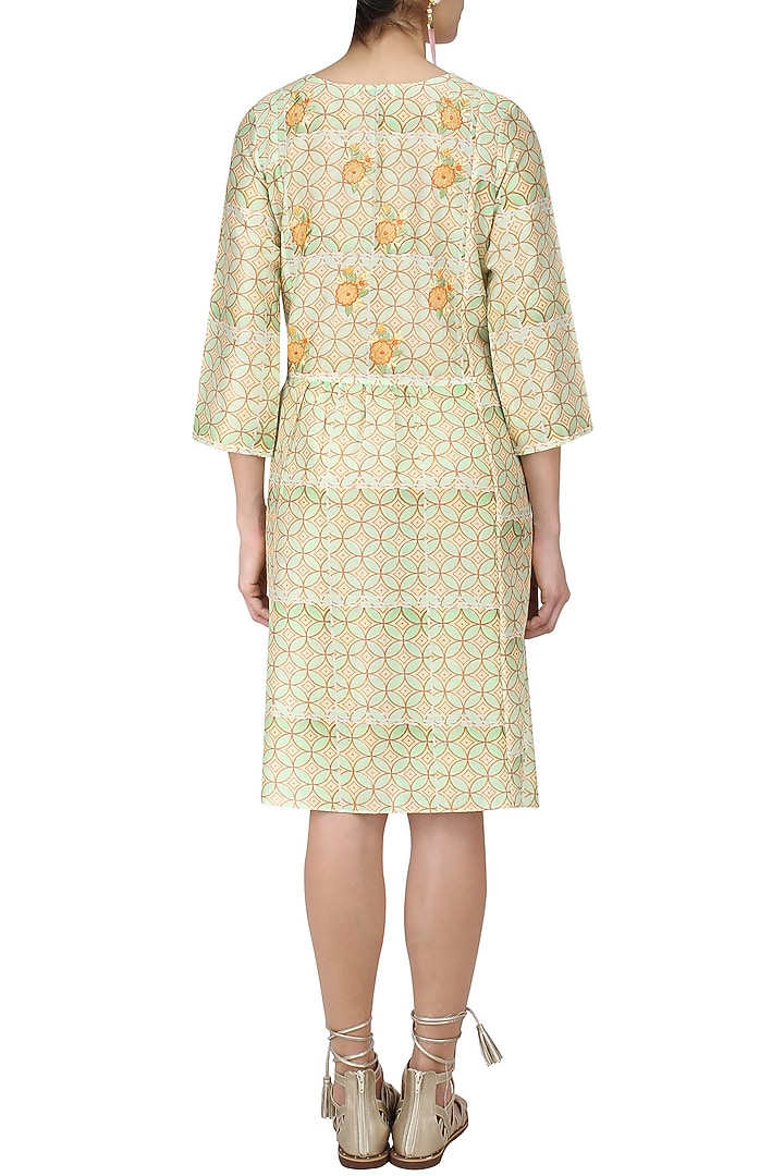 Green and orange floral print knee length dress available only at Pernia's Pop Up Shop.