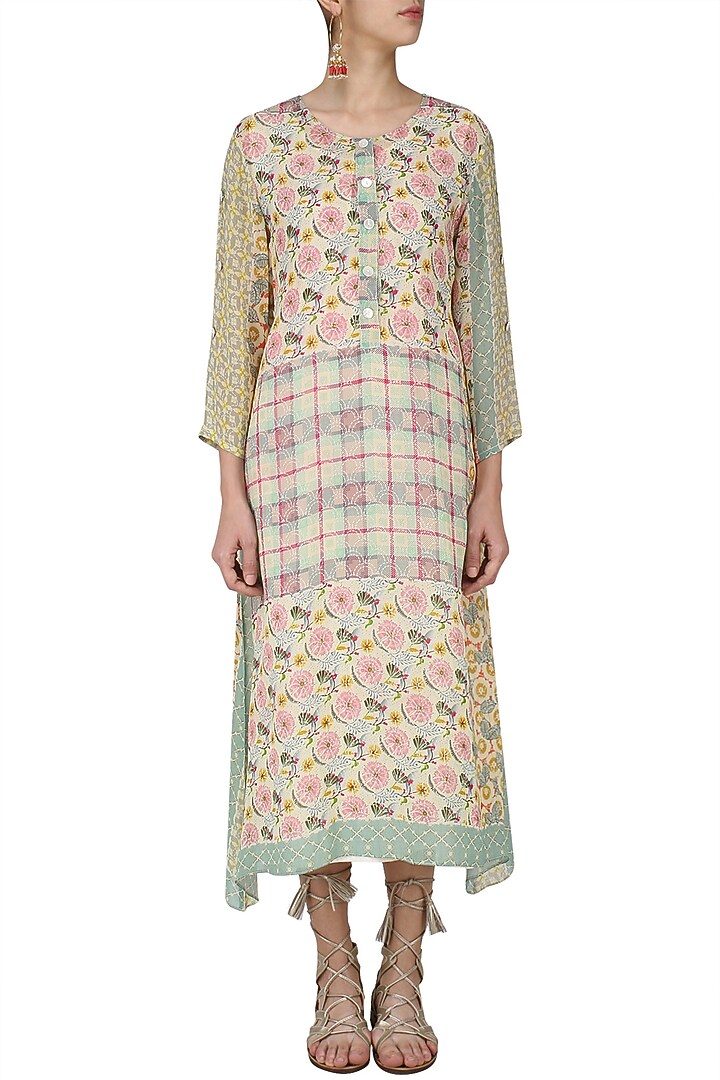 Yellow, pink and green vintage print asymmetrical dress available only at Pernia's Pop Up Shop.