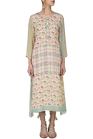 Yellow, Pink and Green Vintage Print Asymmetrical Dress by Niki Mahajan