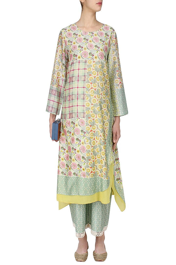 Yellow and green vintage print asymmetrical kurta with pants available only at Pernia's Pop Up Shop.