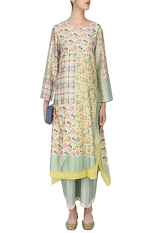 Yellow and Green Vintage Print Asymmetrical Kurta with Pants by Niki Mahajan
