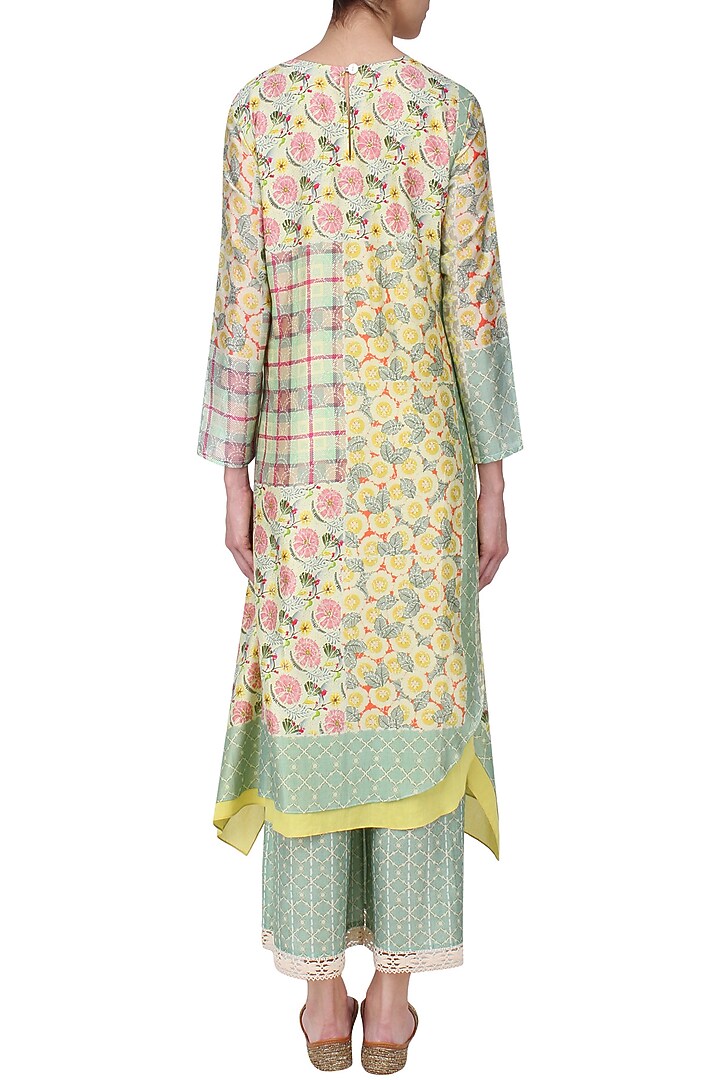 Yellow and green vintage print asymmetrical kurta with pants available only at Pernia's Pop Up Shop.