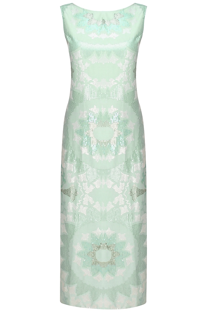 Aque blue amd silver sequins embroidered mid length dress available only at Pernia's Pop Up Shop.