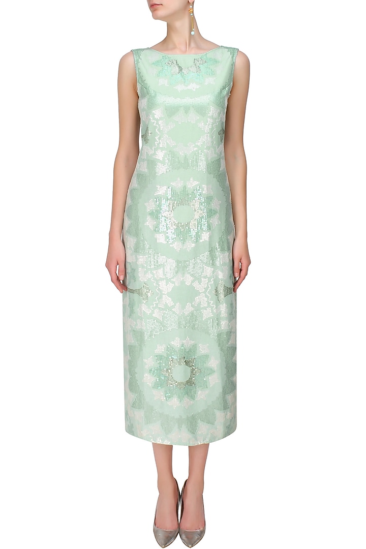 Aque blue amd silver sequins embroidered mid length dress available only at Pernia's Pop Up Shop.