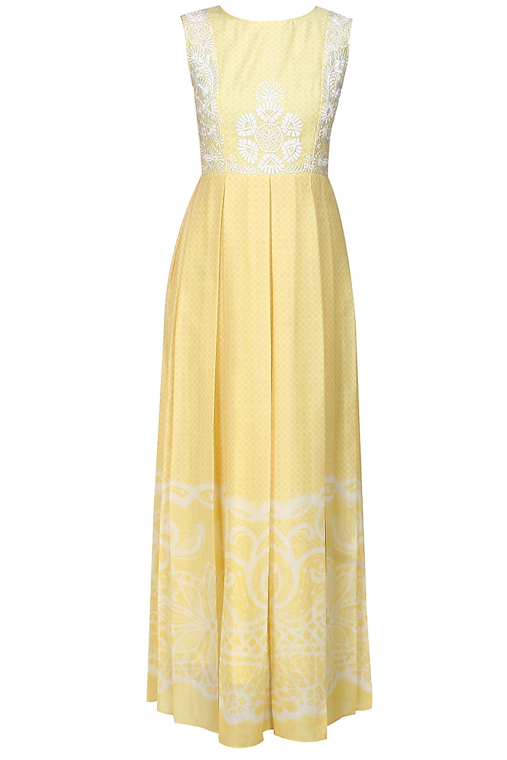 Yellow Floral Threadwork Oriental Long Dress by Niki Mahajan