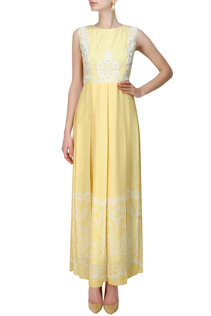 Yellow floral threadwork oriental long dress available only at Pernia's Pop Up Shop.
