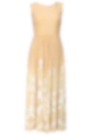 Beige Floral Embroidered Horizontal Striped Long Dress by Niki Mahajan