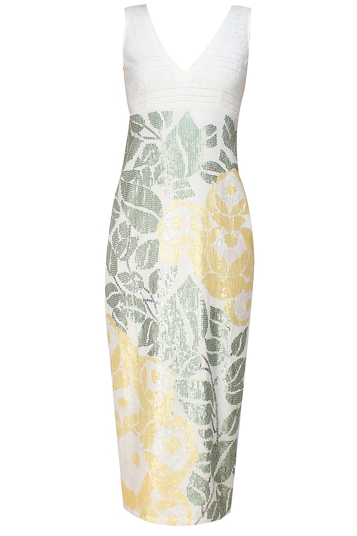 Ivory, Silver and Yellow Rosette Pattern Sequins Embroidered Dress by Niki Mahajan
