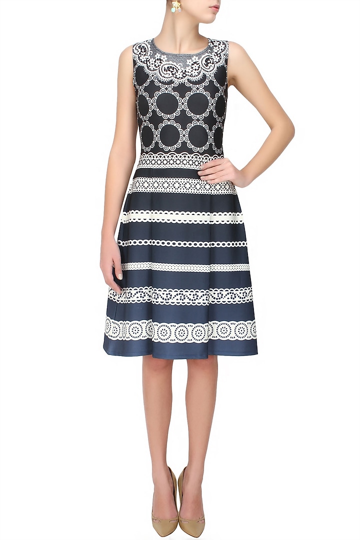 Navy blue and ivory floral embroidered lace dress available only at Pernia's Pop Up Shop.