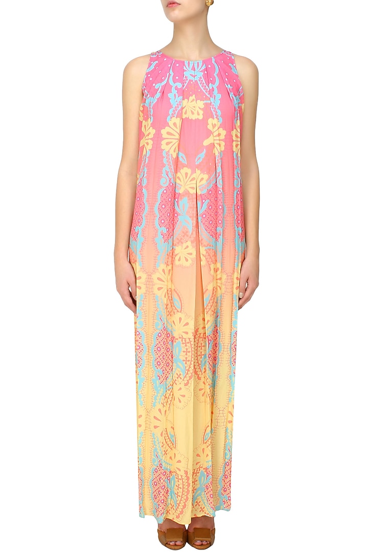 Orange and pink floral printed long dress available only at Pernia's Pop Up Shop.
