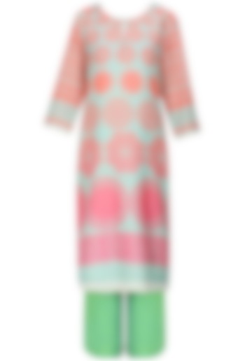 Turquoise blue straight kurta and pants with orange and white dupatta available only at Pernia's Pop Up Shop.