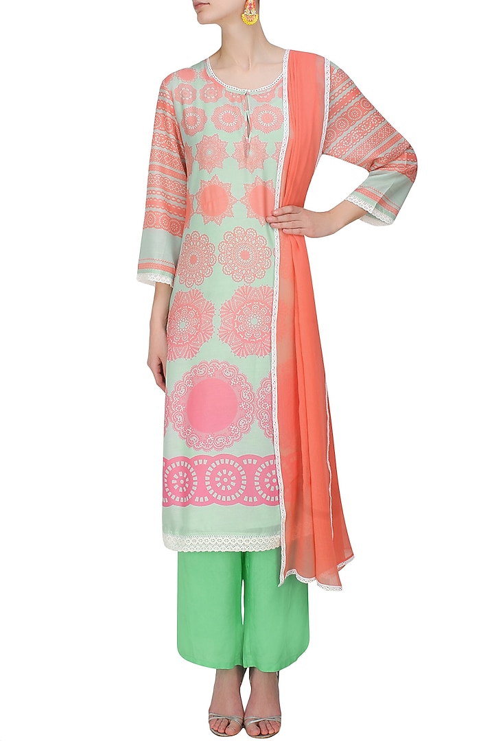 Turquoise blue straight kurta and pants with orange and white dupatta available only at Pernia's Pop Up Shop.