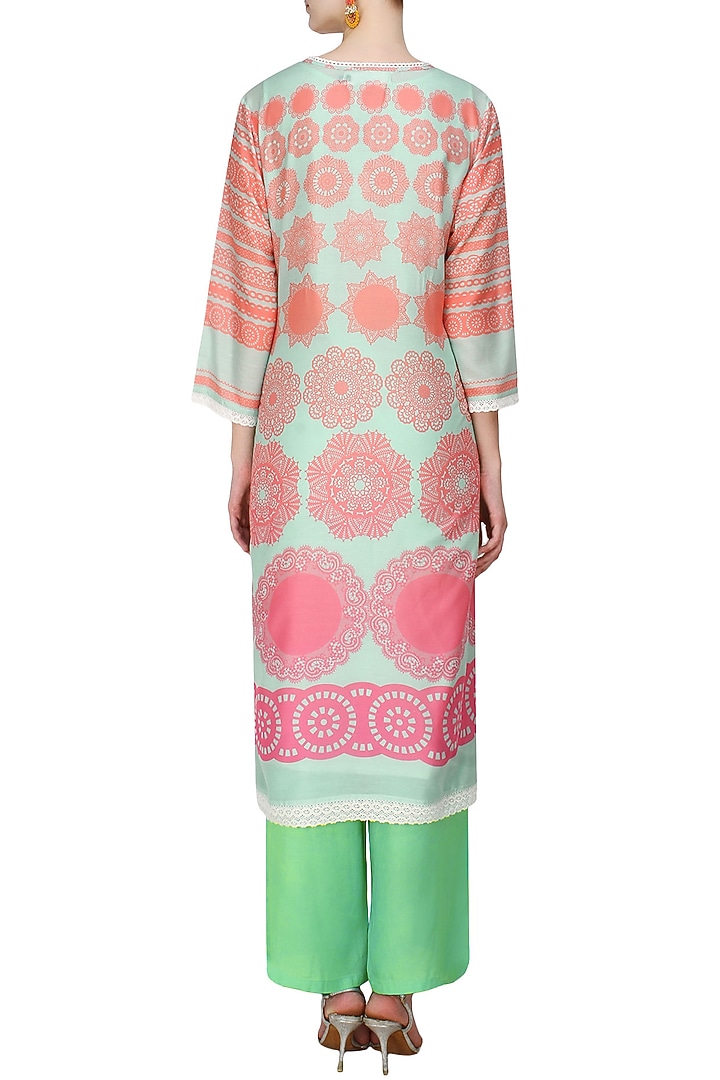 Turquoise blue straight kurta and pants with orange and white dupatta available only at Pernia's Pop Up Shop.