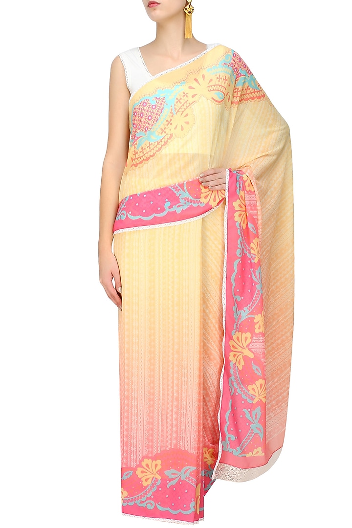 Orange printed saree available only at Pernia's Pop Up Shop.
