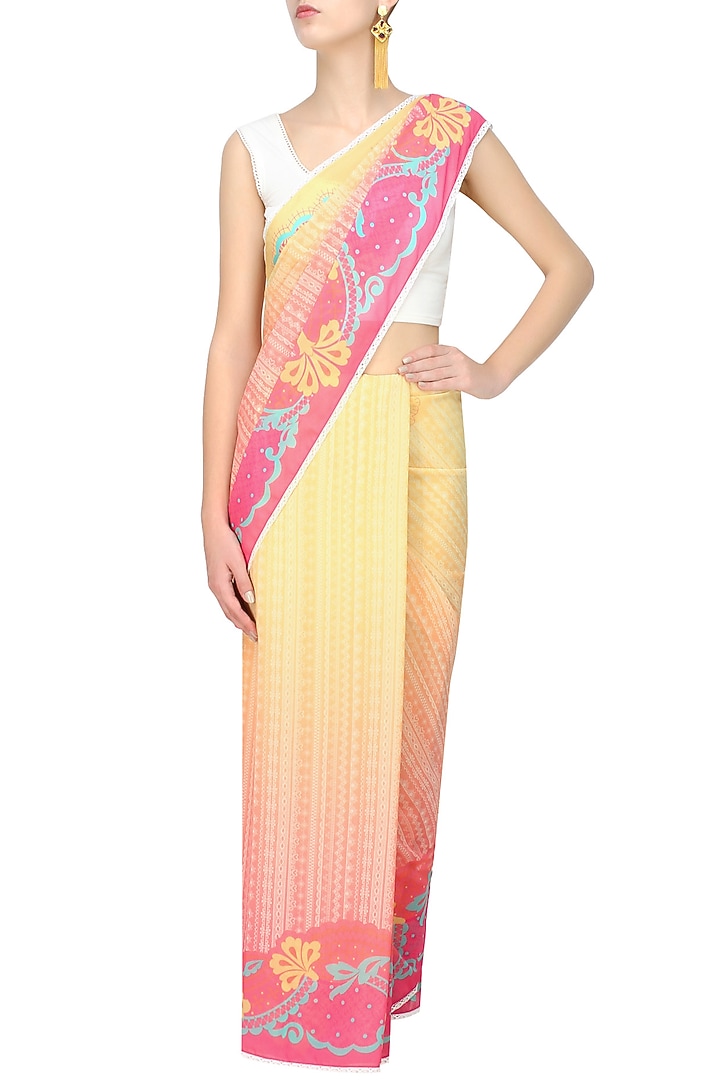 Orange printed saree available only at Pernia's Pop Up Shop.