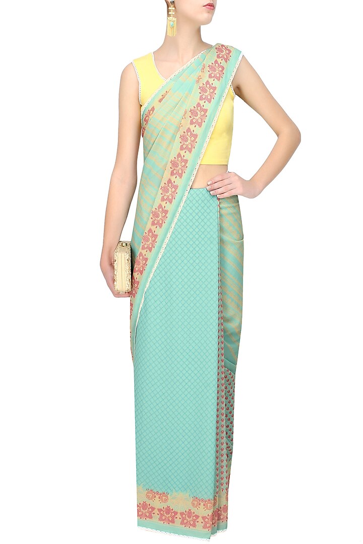 Turquoise blue printed saree available only at Pernia's Pop Up Shop.