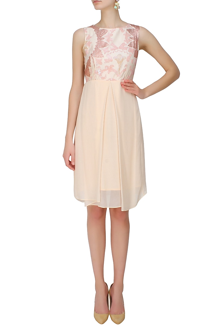 Beige, bronze and gold sequins applique work sleeveless dress available only at Pernia's Pop Up Shop.