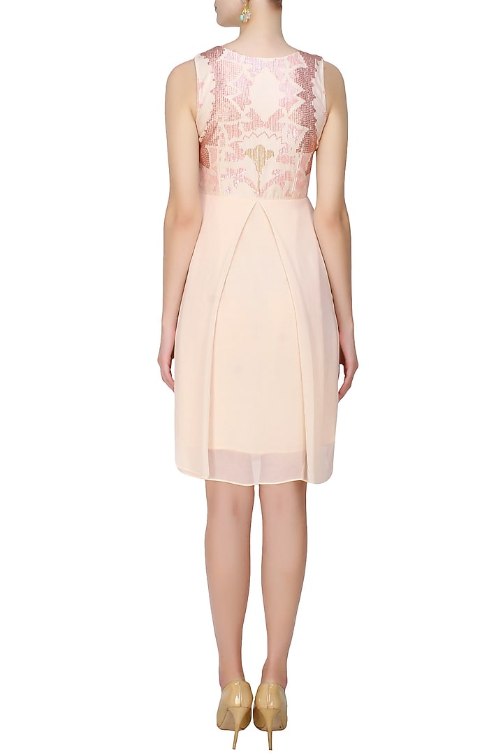 Beige, bronze and gold sequins applique work sleeveless dress available only at Pernia's Pop Up Shop.