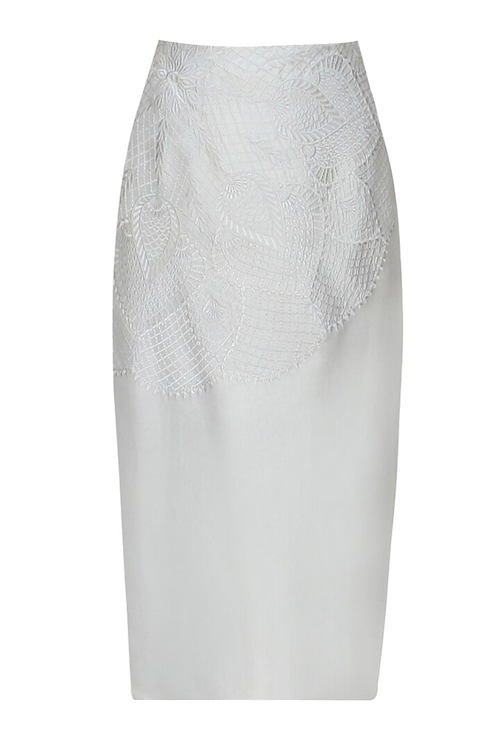 Metallic Grey Self Colour Embroidered Pencil Fitted Skirt by Niki Mahajan