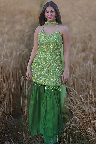 Green Georgette Gathered Gharara Set by NITISHA  KASHYAP