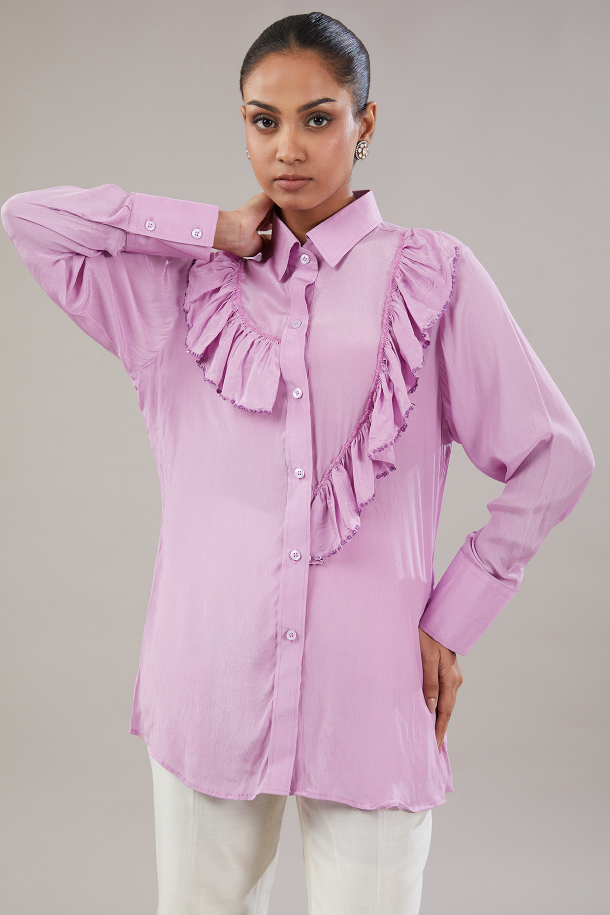 Lilac Crepe Beads & Sequins Embroidered Frilled Shirt by NITISHA  KASHYAP at Pernia's Pop Up Shop