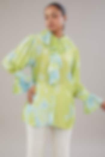 Green & Blue Silk Beads & Sequins Embroidered Frilled Tie-Dye Shirt by NITISHA  KASHYAP at Pernia's Pop Up Shop