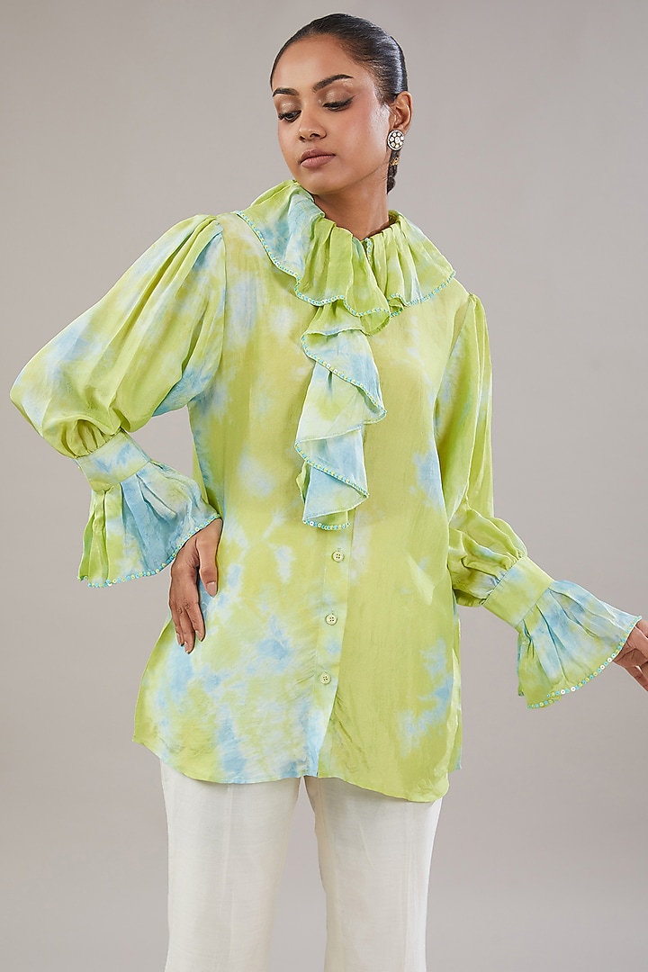 Green & Blue Silk Beads & Sequins Embroidered Frilled Tie-Dye Shirt by NITISHA  KASHYAP at Pernia's Pop Up Shop