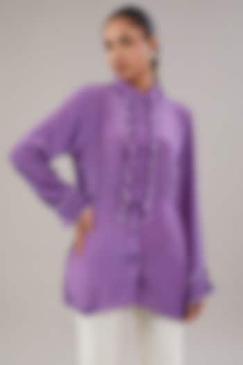 Purple Crepe Beads & Sequins Embroidered Frilled Shirt by NITISHA  KASHYAP