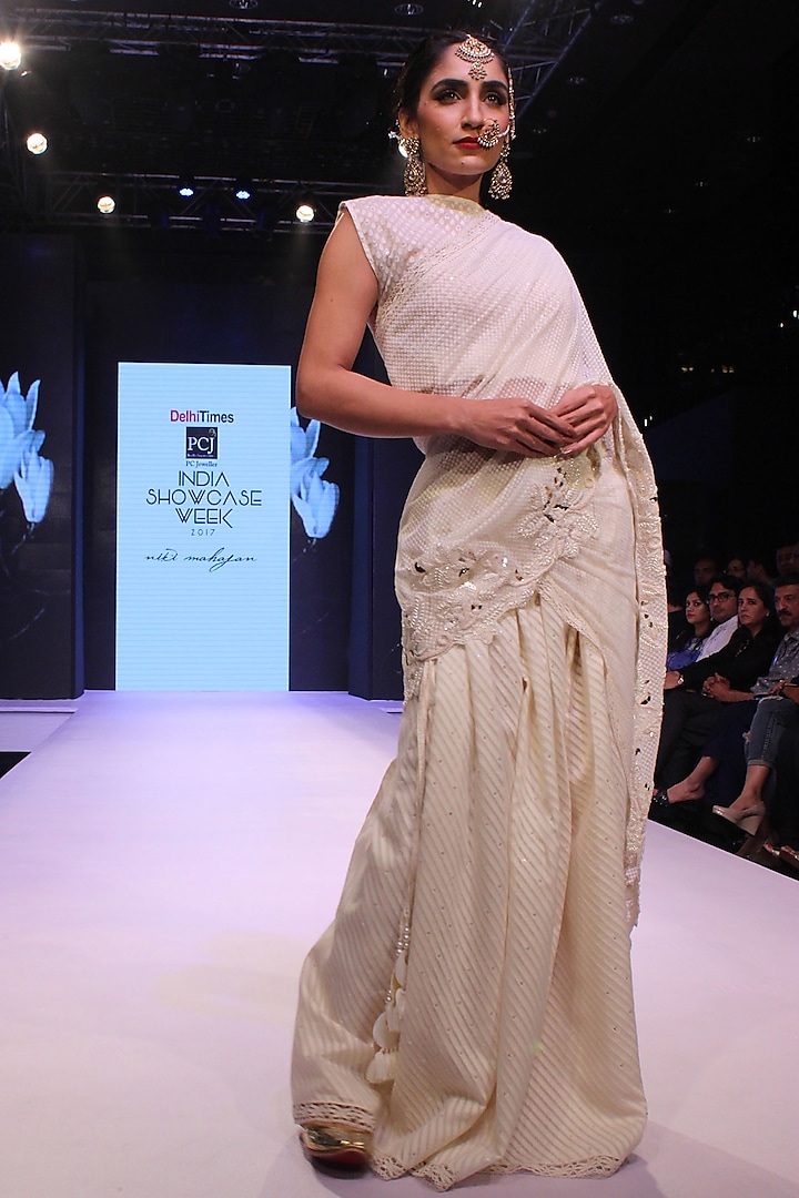 Ivory Crop Top and High Waisted Skirt Set by Niki Mahajan
