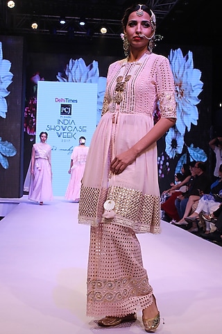 Pink Gota Patti Work Short Anarkali and Pants Set by Niki Mahajan