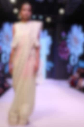 Lemon gota patti work short blouse, petticoat and saree set available only at Pernia's Pop Up Shop.