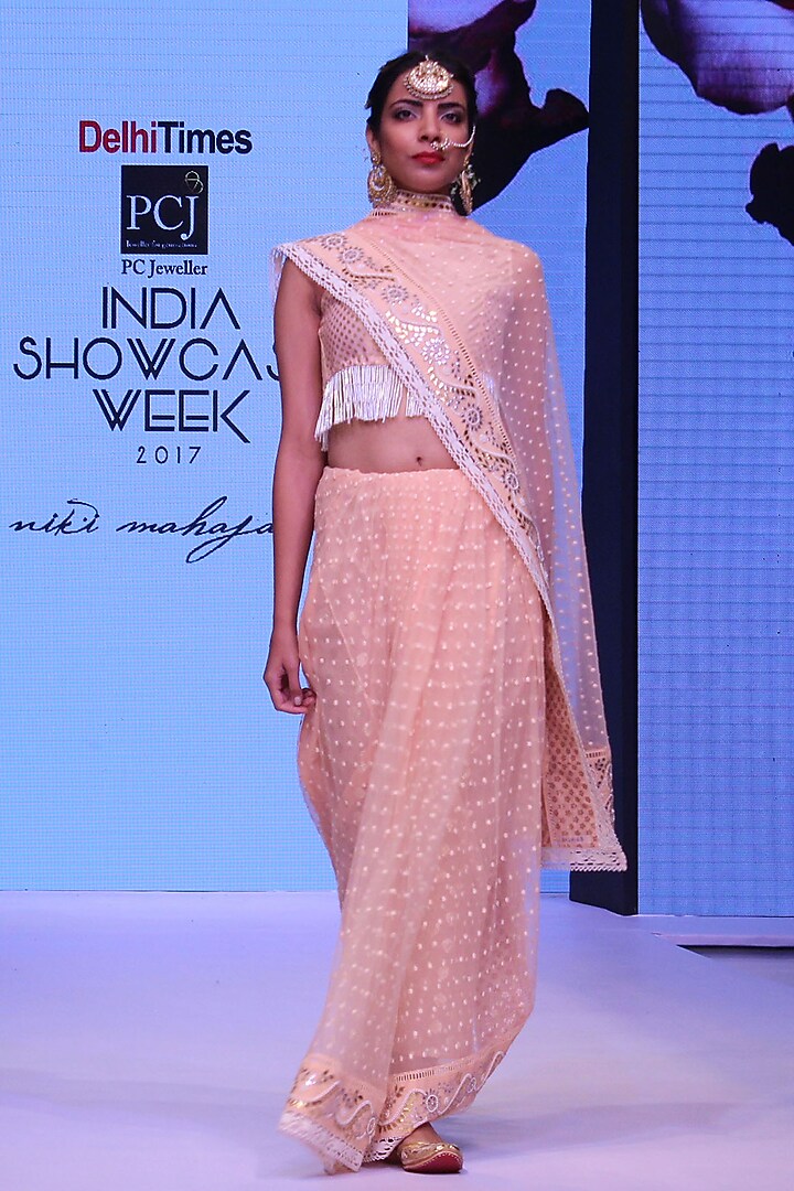 Coral Gota Patti Embroidered Short Blouse, Petticoat and Saree Set by Niki Mahajan