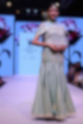 Teal Gota Patti Work Kimono and High Waisted Skirt Set by Niki Mahajan