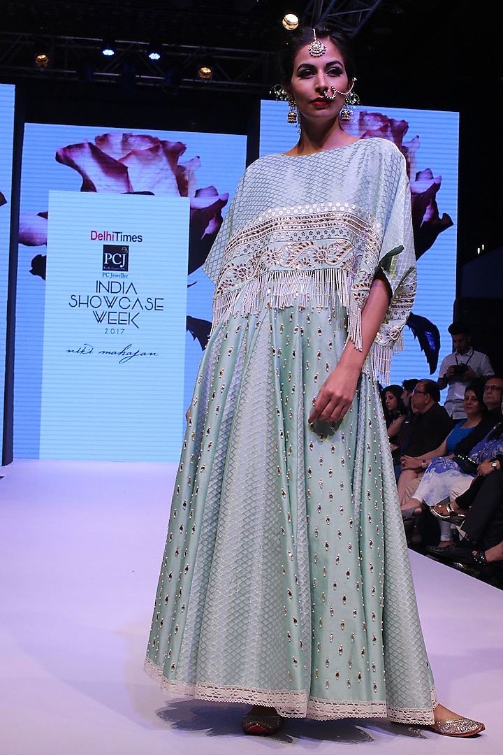 Teal Green Cutwork Kimono with High Waisted Skirt by Niki Mahajan