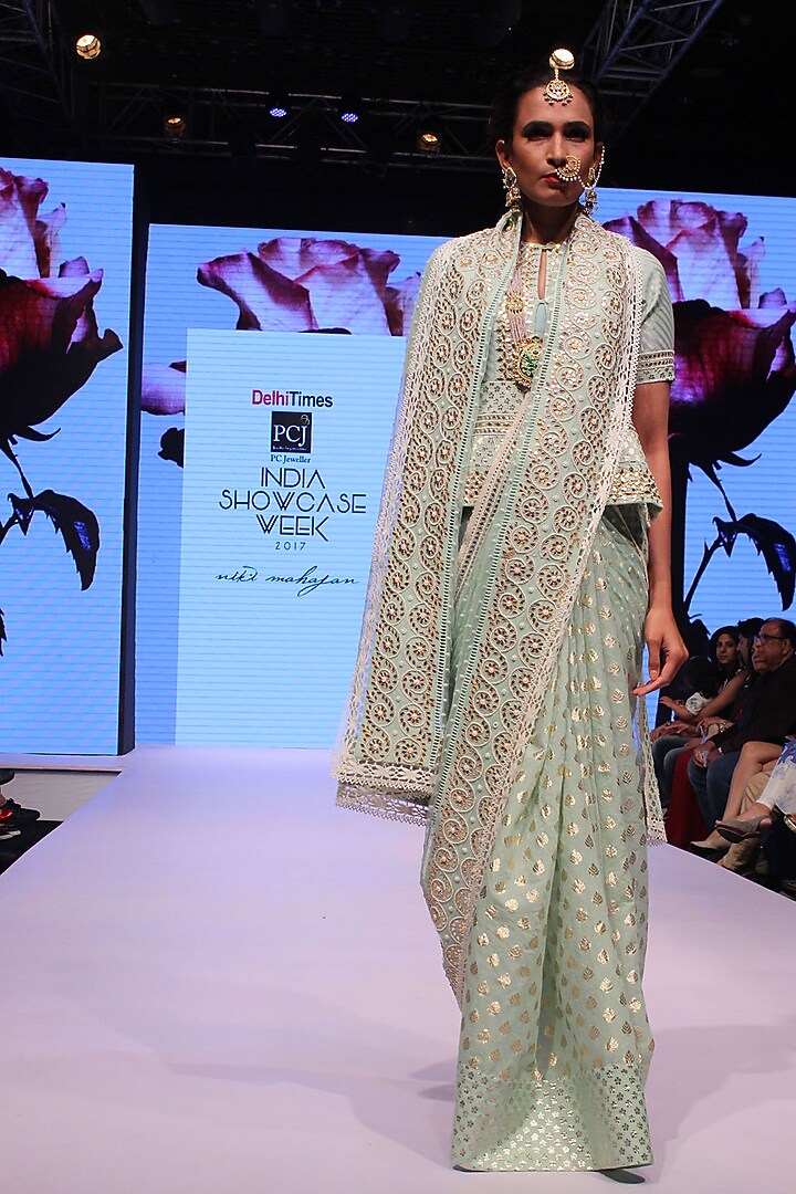 Teal gota patti embroidered pelum jacket and saree set available only at Pernia's Pop Up Shop.