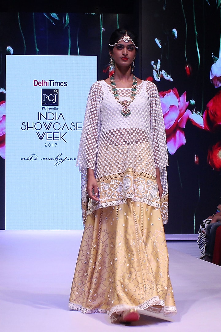 Ivory Zari and Petal Work Kimono with Gold Skirt by Niki Mahajan