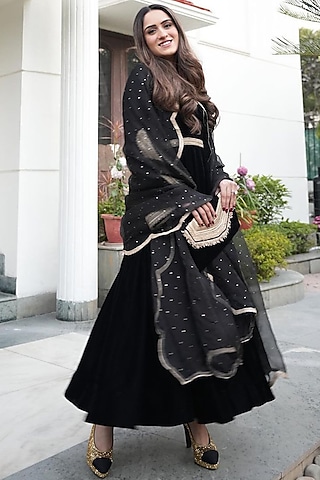 Black Velvet Anarkali Set by Shrutkirti