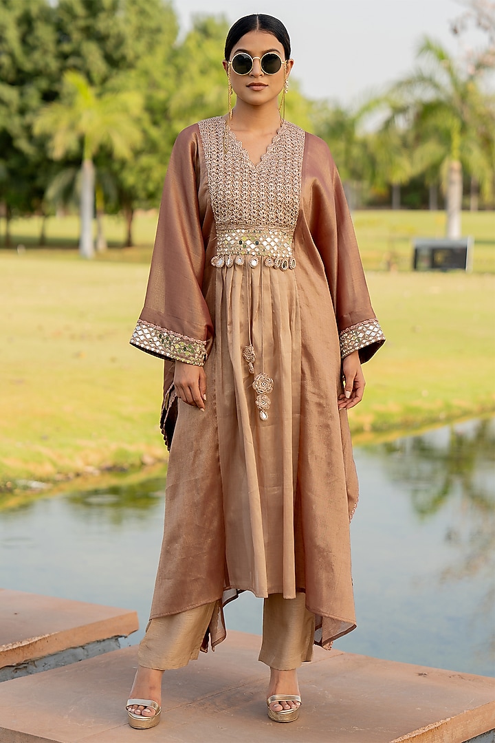 Rose Gold Tissue Mirror Embroidered Kaftan Set by Nikita Vishakha at Pernia's Pop Up Shop