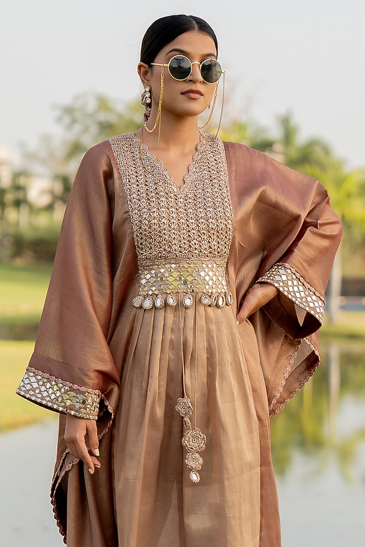 Rose Gold Tissue Mirror Embroidered Kaftan Set by Nikita Vishakha at Pernia's Pop Up Shop