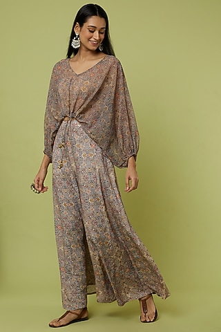 Grey Silk Palazzo Pant Set by Nikita Vishakha