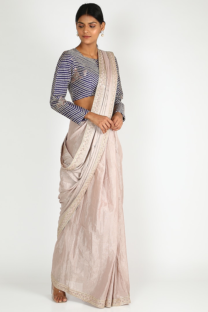 Blush Pink & Blue Embroidered Saree Set by Label Nimbus