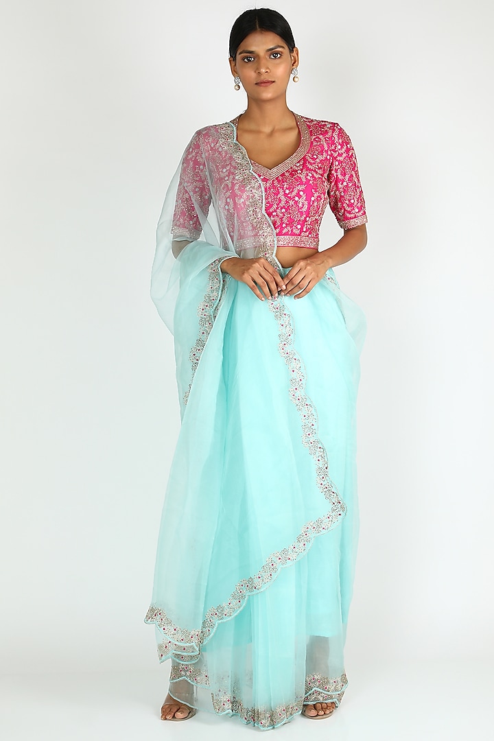 Aqua Blue Organza Tikki Embroidered Saree Set by Label Nimbus