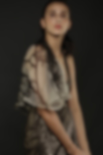 Brown & Off White Draped Cocktail Dress With Print by Nikita Mhaisalkar at Pernia's Pop Up Shop