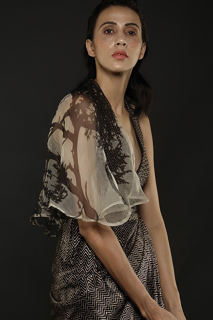 Brown & Off White Draped Cocktail Dress With Print by Nikita Mhaisalkar at Pernia's Pop Up Shop