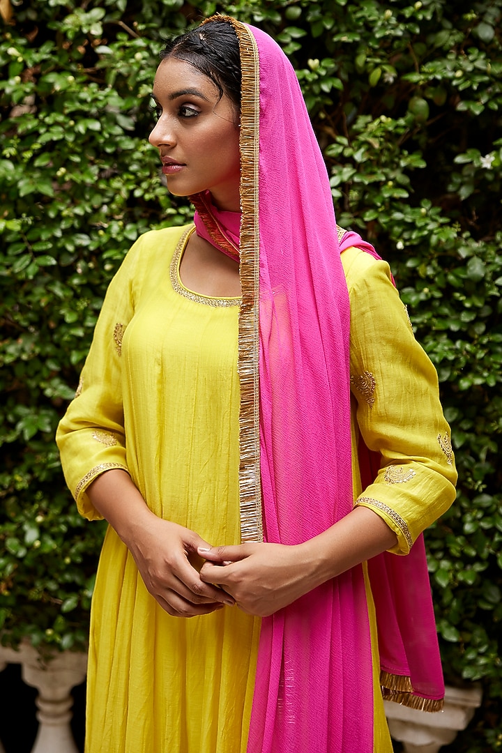 Lime Yellow Pure Chanderi Zari Embroidered Party Wear Anarkali Set by Nimbu Mirchi at Pernia's Pop Up Shop