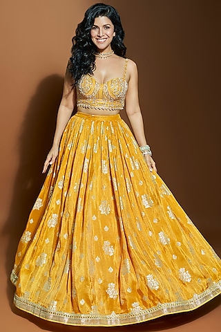 Mustard Yellow Jacquard Lehenga Set by Chamee and Palak