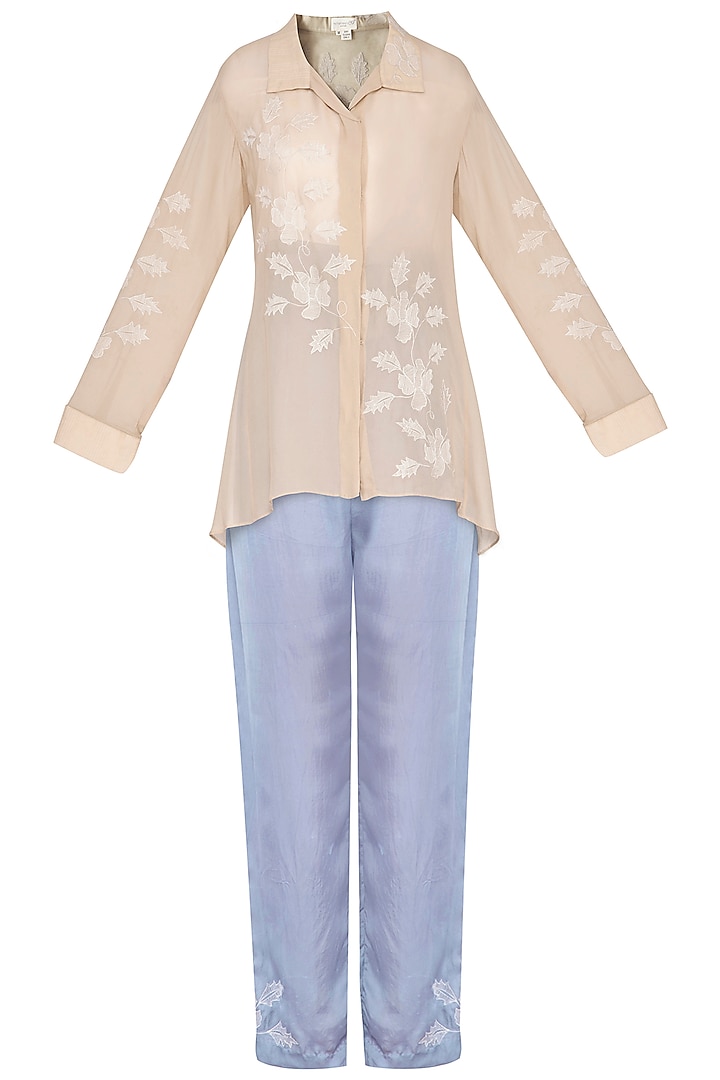 Beige embroidered top with pants by Nineteen89 by Divya Bagri