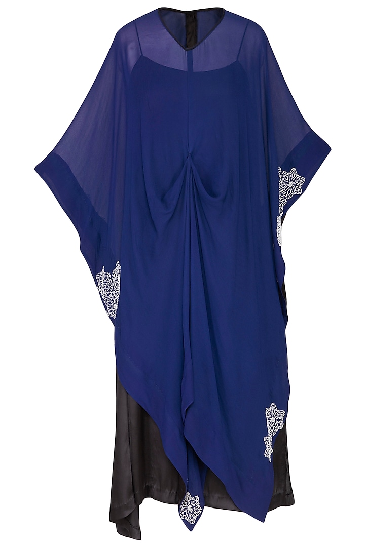 Indigo embroidered cape top with slip dress by Nineteen89 by Divya Bagri