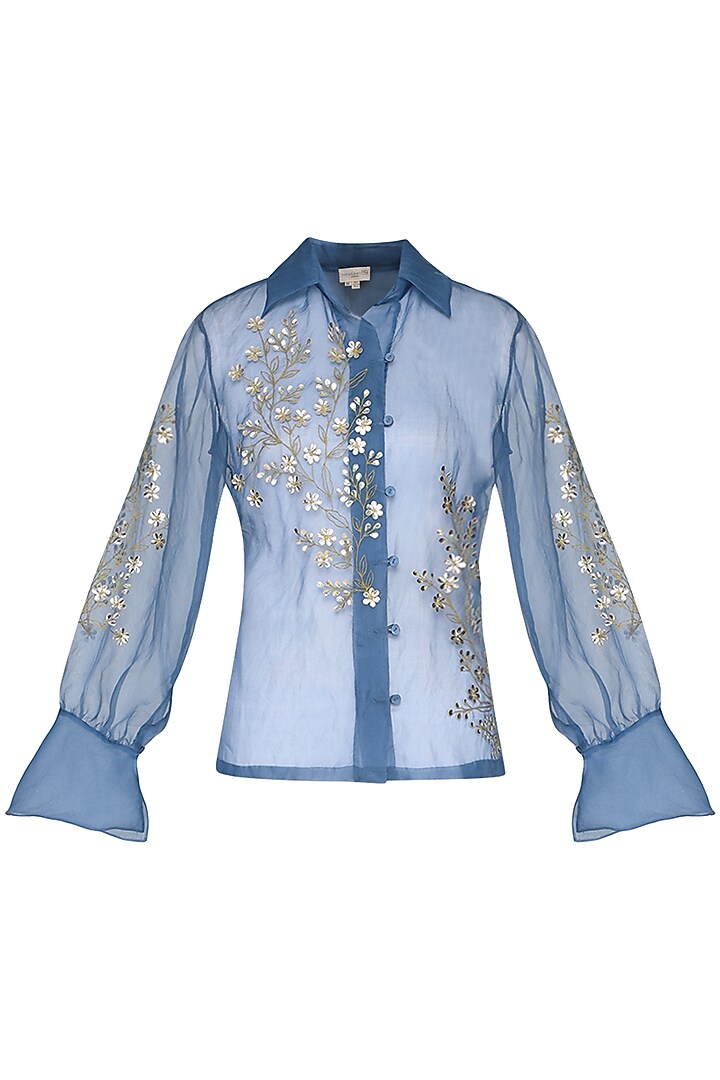 Powder blue sheer embroidered shirt by Nineteen89 by Divya Bagri